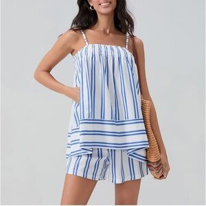 Blue and White Striped Sleeveless Top and Shorts Set